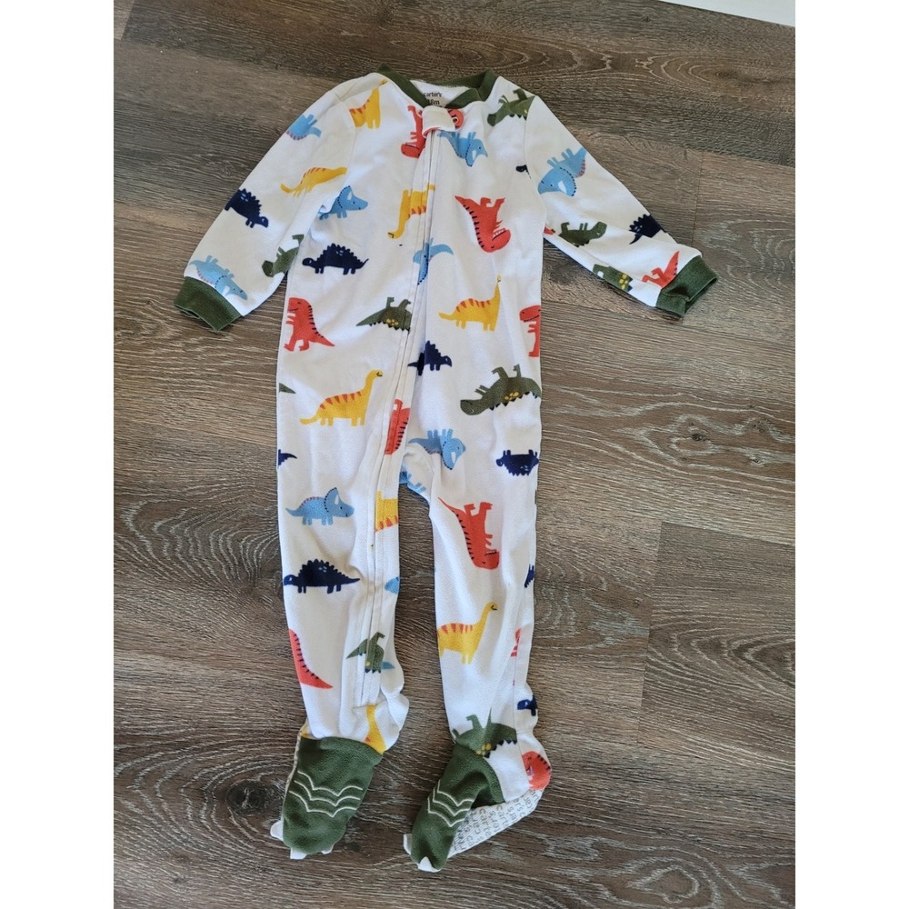 Carters Baby Boys 18M Dinosaur Fleece Footed Pajamas White Green Zip Sleeper #3